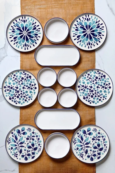 Kitchen Life 14 Parça 6 Kişilik Stackable Blue Etnik Kahvaltı Takımı - Lüx Kahvaltılık Sunum Seti Tabağı mavi ürün görseli 1