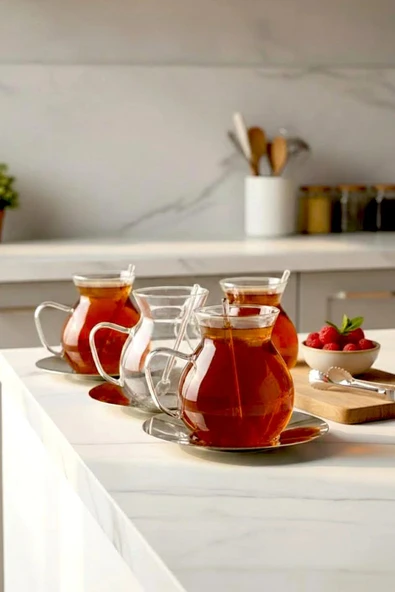 Kitchen Life Metal Altlıklı 18 Parça Cam Kaşıklı Keyf-i Ala Çay Bardağı Seti 200 ml Şeffaf ürün görseli 1