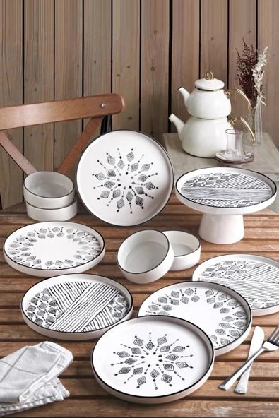 Kitchen Life 11 Parça Ayaklı Sunum Servis Tabaklı 6 Kişilik  Kahvaltı Takımı - Sunum Seti Siyahbeyaz siyah ürün görseli 1
