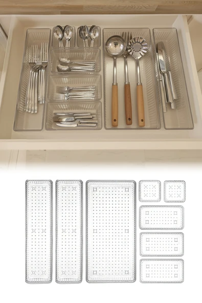 Kitchen Life 8 Parça Kaşıklık Çekmece İçi Düzenleyici Çatal Kaşık Bıçak Organizeri Şeffaf ürün görseli 1