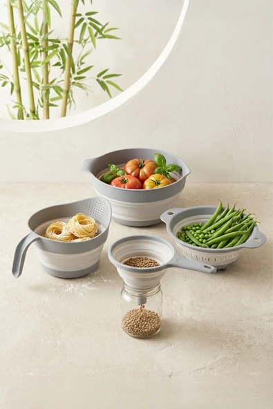 Kitchen Life 4'lü Çok Amaçlı Akordeon Katlanır Çırpıcı Ve Süzgeç Seti - Mutfak Çeyiz Seti ürün görseli 1