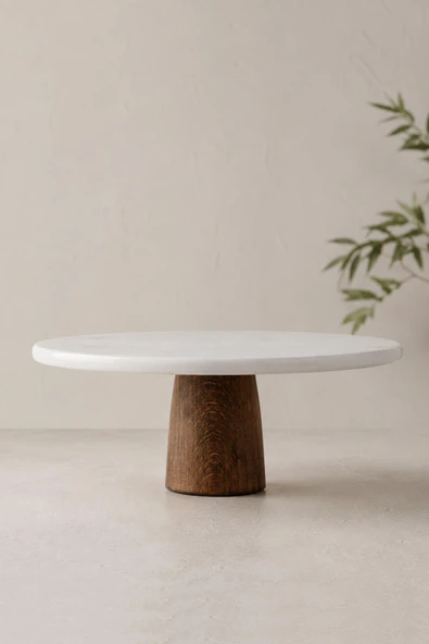 Kitchen Life Yuvarlak Akasya Ayaklı Mermer Kahvaltılık Sunumluk Sunum Tabağı 25 cm Beyaz ürün görseli 1