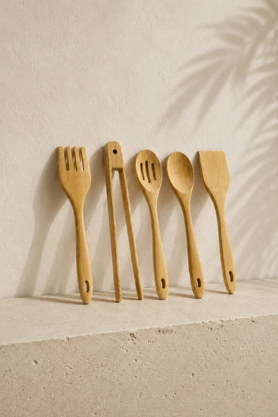 Kitchen Life 5 Parça Bambu Servis Takımı Servis Kaşık Kepçe Servis Seti Kahverengi ürün görseli 1