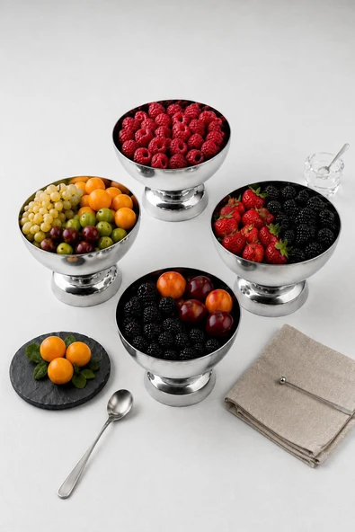 Kitchen Life 4'lü Stainles Steel Sofra Sunum Çerezlik Kahvaltılık Paslanmaz çelik Ayaklı Kase Gümüş ürün görseli 1