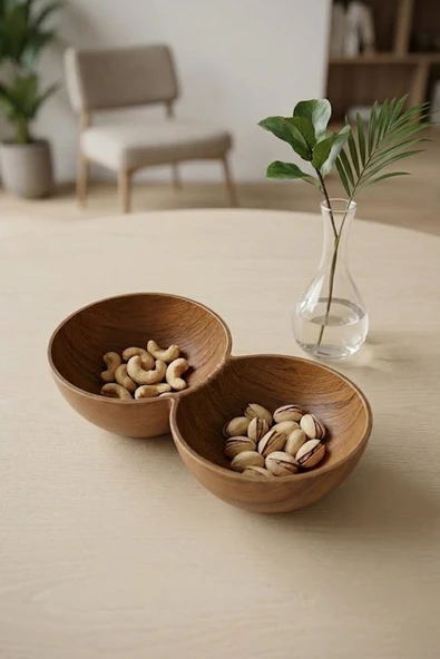 Kitchen Life 2'li Akasya Görünümlü 2 Bölmeli Çerezlik,Sunum Kasesi-Dekoratif Kahvaltılık 19,5 cm Kahverengi ürün görseli 1