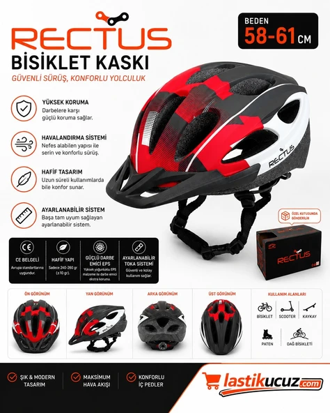 BİSİKLET KASKI (KIRMIZI SİYAH BEYAZ YETİŞKİN VİZÖRLÜ LED IŞIKLI BEDEN 58/61) ürün görseli 1