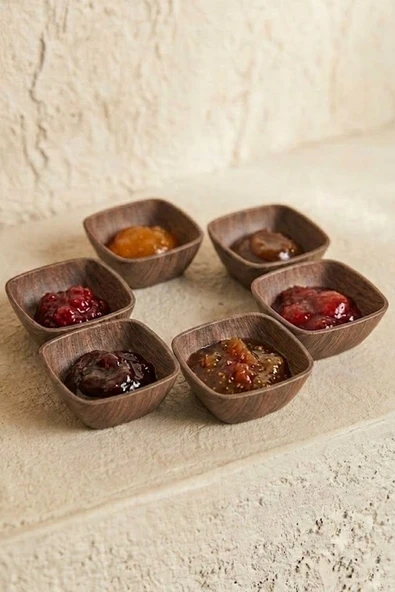 Kitchen Life 6'lı Mini Kare Akasya Görünümlü Çerezlik Kase Sunum Seti-Dekoratif Kahvaltılık Sosluk Kahverengi ürün görseli 1