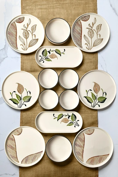 Kitchen Life 14 Parça 6 Kişilik Barış Çiçeği Stackable Kahvaltı Takımı - Kahvaltılık Sunum Tabağı Kahverengi yeşil ürün görseli 1