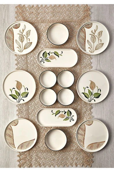Kitchen Life 14 Parça 6 Kişilik Barış Çiçeği Stackable Kahvaltı Takımı - Kahvaltılık Sunum Tabağı Kahverengi yeşil ürün görseli 1