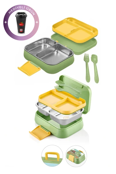 Kitchen Life Happii Vakumlu 4 Bölmeli Paslanmaz Çelik Çocuk Beslenme Kabı - Dinazor Desenli Yemek Kutusu Yeşil ürün görseli 1