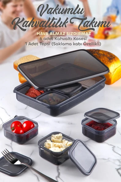 Kitchen Life 7 Parça Vakum Kapaklı Sızdırmaz Hava Almaz Kahvaltıık Seti - Kahvaltılık Antresit Gri ürün görseli 1