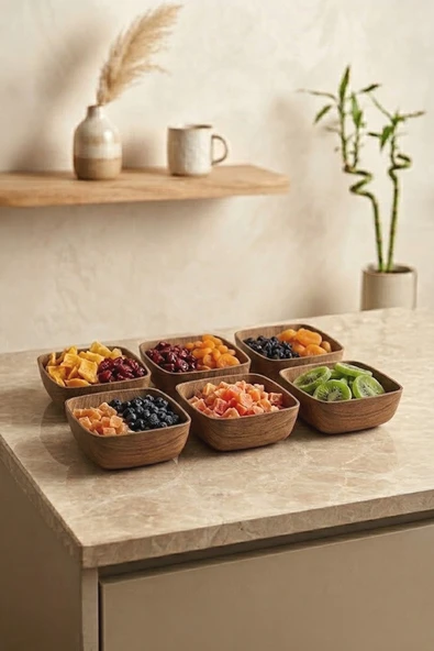 Kitchen Life 6'lı Mini Kare Akasya Görünümlü Çerezlik Sunum Kasesi-Dekoratif Kahvaltılık 10 cm Kahverengi ürün görseli 1