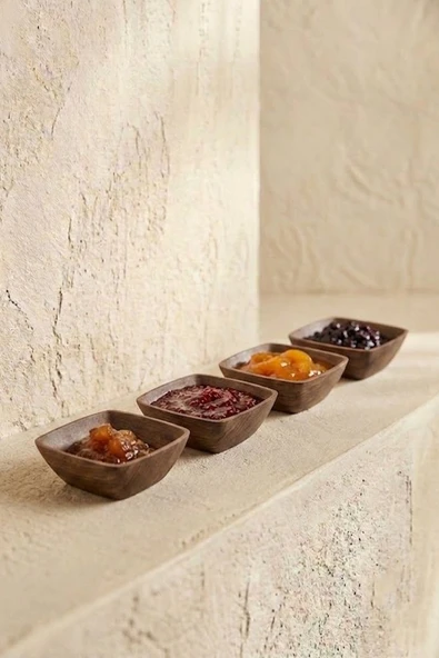 Kitchen Life 4'lü Mini Kare Akasya Görünümlü Çerezlik Kase Sunum Seti-Dekoratif Kahvaltılık Sosluk Kahverengi ürün görseli 1