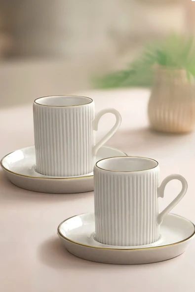 Kitchen Life 4 Parça 2 Kişilik Stackable Çizgili Altın Yaldızlı Kahve Fincan Takımı - Kahve Fincanı Seti 100ml Beyaz ürün görseli 1