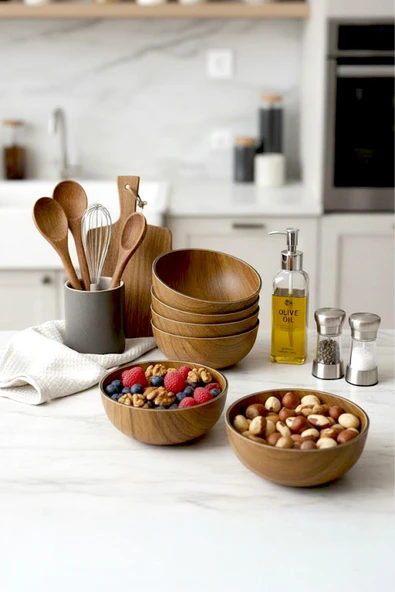 Kitchen Life 6'lı Ahşap Görünümlü Çerezlik Kase Yuvarlak Sunumluk Sunum Kasesi 10 CM Kahve rengi ürün görseli 1
