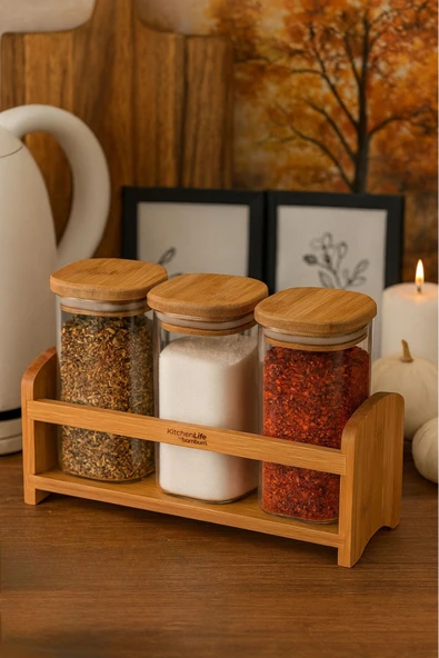 Kitchen Life 4 Parça Standlı Bambu Kapaklı Tezgah Üstü Baharat seti - Baharat Takımı - 350 ml ürün görseli 1