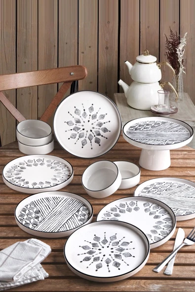 Kitchen Life 11 Parça Ayaklı Sunum Servis Tabaklı 6 Kişilik Stackable Ethnical Kahvaltı Takımı - Sunum Seti siyah ürün görseli 1