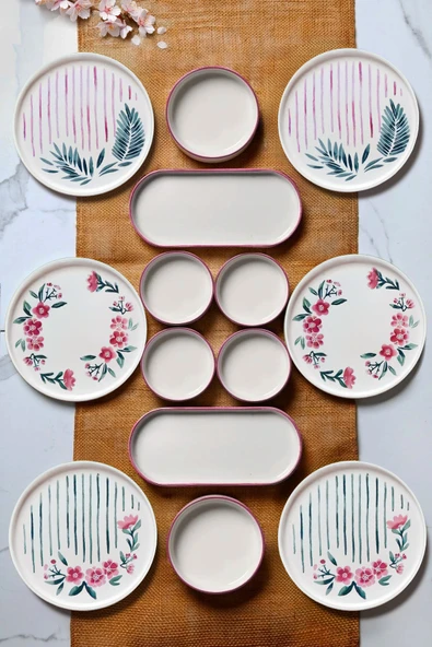Kitchen Life 14 Parça 6 Kişilik Sakura Stackable Kahvaltı Takımı - Lüx Kahvaltılık Sunum Seti Tabağı Pembe ürün görseli 1