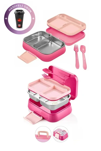 Kitchen Life Happii Vakumlu 4 Bölmeli Paslanmaz Çelik Çocuk Beslenme Kabı - Unicorn Desenli Yemek Kutusu Pembe ürün görseli 1