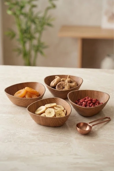 Kitchen Life 4'lü Mini Akasya Görünümlü Çerezlik Sunum Kasesi-Dekoratif Kahvaltılık 12 cm Kahverengi ürün görseli 1