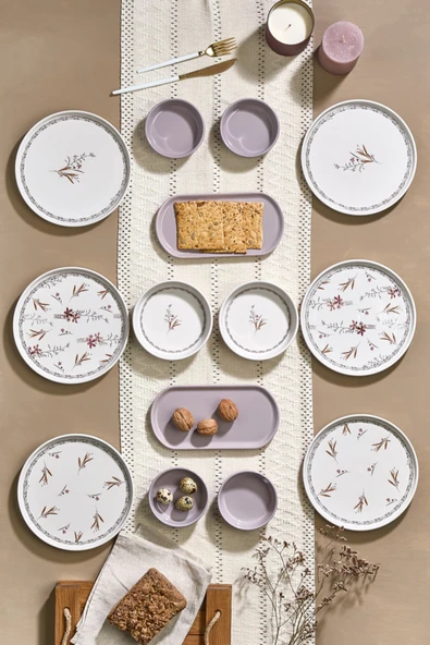 Kitchen Life 14 Parça 6 Kişilik Bahar Dalı Kahvaltı Takımı-Lüx Kahvaltılık Sunum Seti Tabağı Açık Gri Bej Mint ürün görseli 1