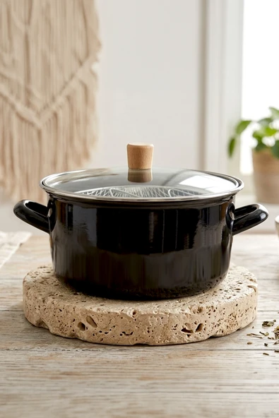 Kitchen Life Master Pro Cook Ahşap Kulplu,Paslanmaz Saplı Siyah Süzgeçli Emaye Kızartma Tenceresi 22 cm Siyah ürün görseli 1
