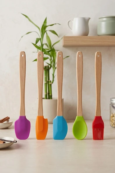 Kitchen Life 5'li Silikon ve Bambu Saplı Mutfak Gereçleri Seti-Spatula,Fırça Servis Maşa Seti Çok Renkli ürün görseli 1