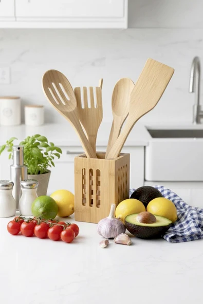 Kitchen Life 6 Parça Standlı Bambu Servis Seti Takımı - Servis Çatalı Kevgir Servis Kaşık Spatula Maşa Seti Kahverengi ürün görseli 1