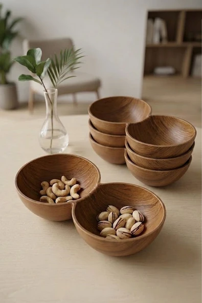 Kitchen Life 4'lü Akasya Görünümlü 2 Bölmeli Çerezlik,Sunum Kasesi-Dekoratif Kahvaltılık 19,5 cm Kahverengi ürün görseli 1