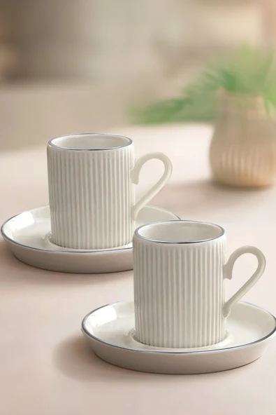 Kitchen Life 4 Parça 2 Kişilik Stackable Çizgili Gümüş Yaldızlı Kahve Fincan Takımı - Kahve Fincanı Seti 100ml Beyaz ürün görseli 1