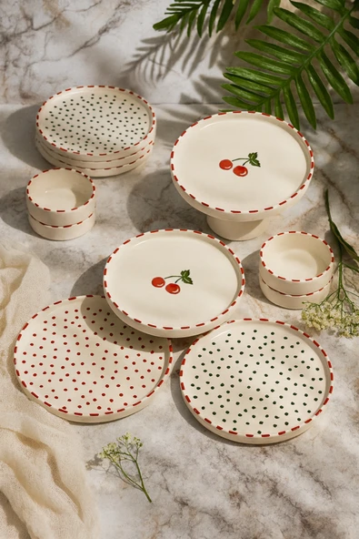 Kitchen Life 11 Parça 6 Kişilik Cherry Stackable Kahvaltı Takımı - Kirazlı Kahvaltılık Sunum Tabağı Kırmızı Yeşil ürün görseli 1