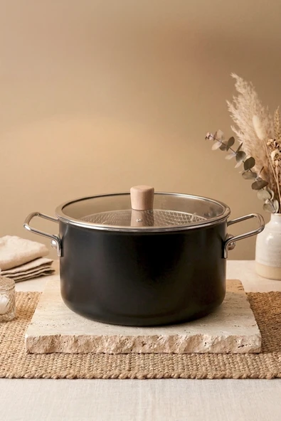 Kitchen Life Titan Cook Ahşap Kulplu,Paslanmaz Saplı Siyah Süzgeçli Emaye Kızartma Tenceresi 22 cm Siyah ürün görseli 1