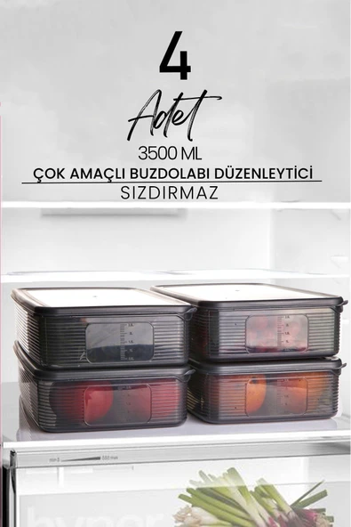 Kitchen Life 4 Adet 3,5 Litre Buzdolabı İçi Düzenleyici Dikdörtgen Erzak Saklama Kabı Seti - Organizeri 3500ml ürün görseli 1