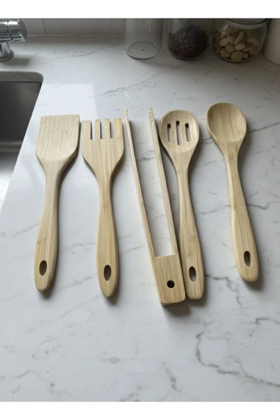 Kitchen Life 5 Parça Bambu Servis Seti Takımı - Servis Çatalı Kevgir Servis Kaşık Spatula Maşa Seti Kahverengi ürün görseli 1