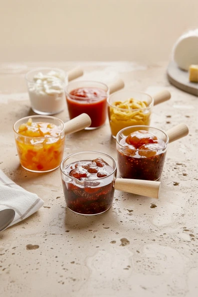 Kitchen Life 6 lı Ahşap Saplı Mıka Reçellik Sosluk Sofra Sunum Kahvaltı Seti - 80 ml şeffaf ürün görseli 1
