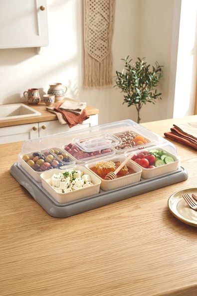 Kitchen Life 8 Parça 6 Bölmeli Tepsili Kahvaltılık Sunum Seti-Kahvaltılık Kase Seti Bej ürün görseli 1