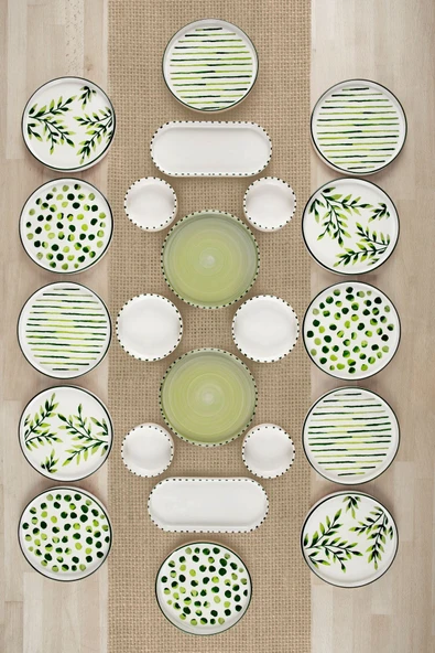 Kitchen Life 22 Parça 12 Kişilik Greentree  Stackable Kahvaltı Takımı - Lüx Kahvaltılık Sunum Seti Tabağı yeşil ürün görseli 1
