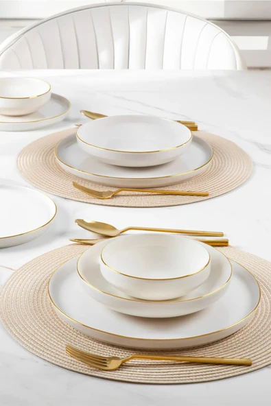 Kitchen Life 18 Parça 6 Kişilik Stackable Altın Kenarlı Bone Porselen Yemek Takımı ( Yaldız Altın Suyudur ) Beyaz Gold ürün görseli 1
