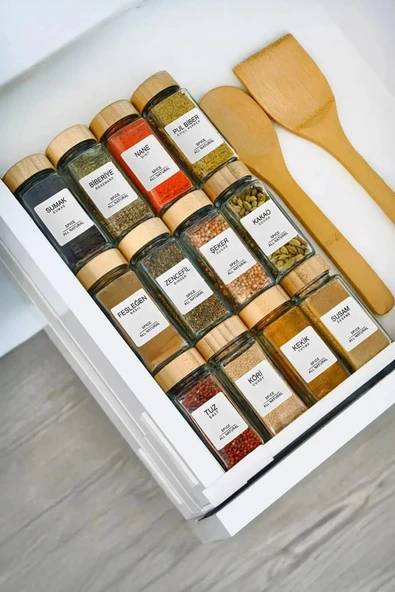 Kitchen Life 12'li Bambu Kapaklı Yuvarlak Cam Baharatlık Takımı / 56 Adet Etiket Hediyeli / 12'li Baharatlık Seti ürün görseli 1