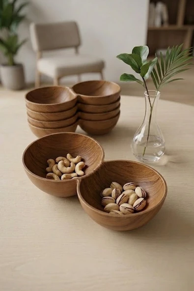 Kitchen Life 6'lı Akasya Görünümlü 2 Bölmeli Çerezlik,Sunum Kasesi-Dekoratif Kahvaltılık 19,5 cm Kahverengi ürün görseli 1