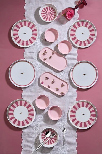 Kitchen Life 14 Parça 6 Kişilik Lovely Birds Kahvaltı Takımı-Lüx Kahvaltılık Sunum Seti Tabağı Pembe Kırmızı ürün görseli 1