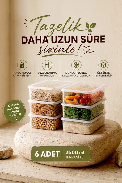 Kitchen Life 6 Adet 3,5 Litre Buzdolabı İçi Düzenleyici Dikdörtgen Erzak Saklama Kabı Seti - Organizeri 3500ml ürün görseli 1