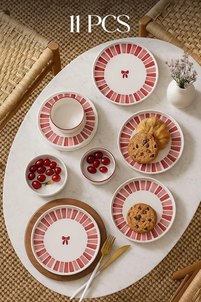 Kitchen Life Ribbon Ayaklı Handmade Sunum Standlı Kahvaltı Takımı - Kurdelalı Kahvaltı Takımı Pembe ürün görseli 1