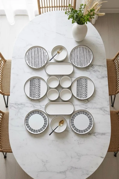 Kitchen Life 14 Parça 6 Kişilik Stackable Sio Savior Kahvaltı Takımı - Lüx Kahvaltılık Sunum Seti Tabağı Siyah Beyaz Üçgenli Etnik ürün görseli 1