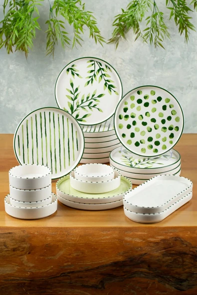 Kitchen Life 22 Parça 12 Kişilik Greentree  Stackable Kahvaltı Takımı Lüx Kahvaltılık Sunum Seti Tabağı yeşil ürün görseli 1