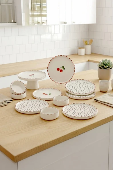 Kitchen Life Kiraz Stackable 11 Parça 6 kişilik Kahvaltı Takımı-Lüx Kahvaltılık Sunum Seti Tabağı Beyaz ürün görseli 1