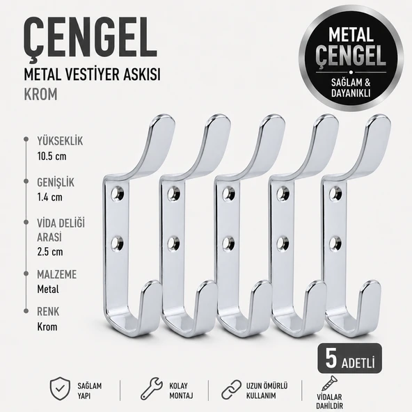 (5 ADET) Çengel Metal Portmanto Vestiyer Duvar Dolap Elbise Askısı Krom Mobilya Askılığı Aparatı ürün görseli 1