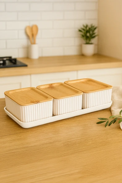 Kitchen Life 4 Parça Sert Plastik Bambu Görünümlü Tepsili Kahvaltılık Reçellik Çerezlik Seti - Kahvaltılık Kase Beyaz ürün görseli 1
