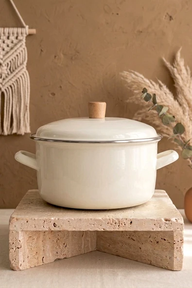 Kitchen Life Terra Cook Ahşap Kulplu,Paslanmaz Saplı Krem Süzgeçli Emaye Kızartma Tenceresi 22 cm Krem ürün görseli 1