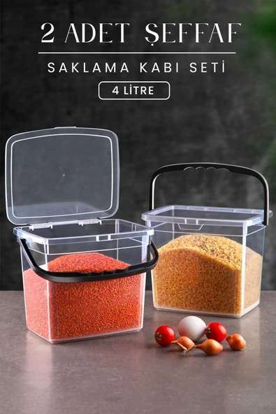Kitchen Life Mega Boy 2'li Kare Un Bakliyat Kabı ( 4 Litre ) - Kulplu Deterjanlık Saklama Kutusu Kabı 2 Adet şeffaf ürün görseli 1